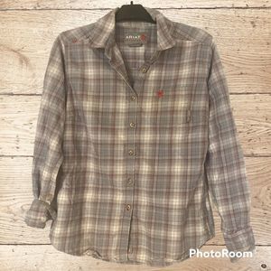 Ariat FR Cotton Flannel Tan Pale Purple Button Up Ladies Medium EUC Very Soft